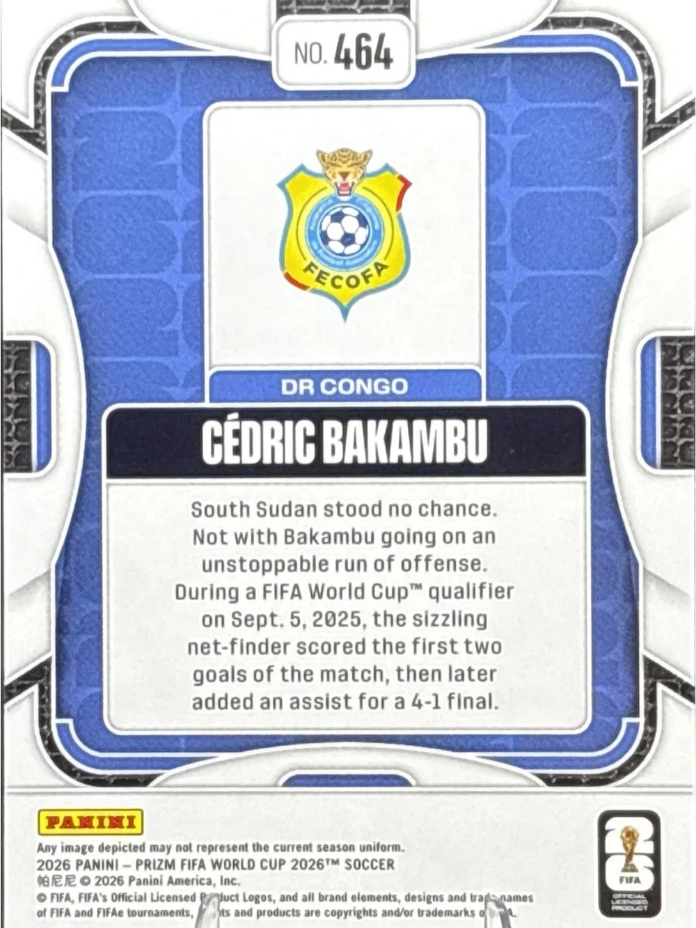 Panini Cedric Bakambu DR Congo Rookie Soccer Trading Card